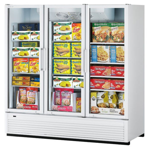 Turbo Air TGF-72SDH-N 78" White Super Deluxe Three Section Display Freezer w/ Swing Doors – Bottom Mount Compressor, LED Lighting, 115v - Donut-Supplies.Com