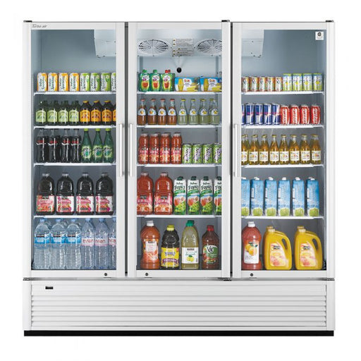Turbo Air TGM-72SDH-N 78" White Super Deluxe Three Section Glass Door Merchandiser – (3) Left/Right Hinge Doors, 115v - Donut-Supplies.Com