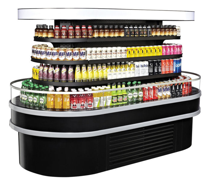 Turbo Air TIOM-48RSRB-N 48" Black Horizontal Island Open Air Cooler – 4 Level Display, 220v - Donut-Equipment.com
