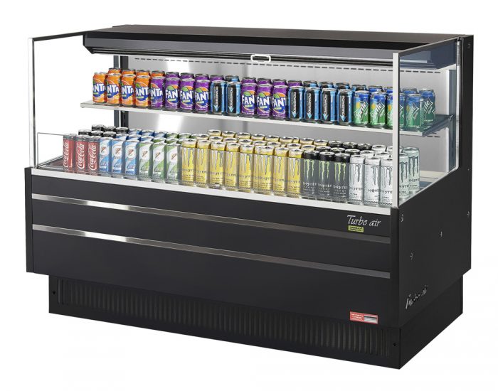 Turbo Air TOM-60L-UF-B-2S-N 58 3/4" Black Low Profile Horizontal Open Air Cooler w/ (2) Levels – Ultra Front Merchandiser, 115v - Donut-Equipment.com
