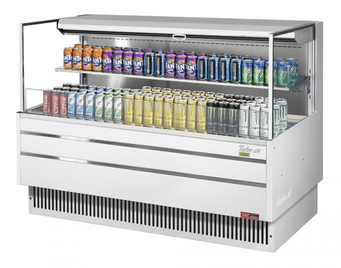 Turbo Air TOM-60L-UF-W-2S-N 58 3/4" White Low Profile Horizontal Open Air Cooler w/ (2) Levels – Ultra Front Merchandiser, 115v - Donut-Supplies.Com