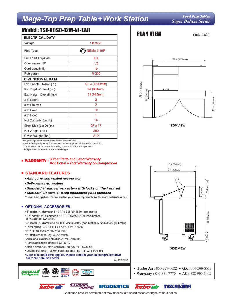 Turbo Air Super Deluxe TST-60SD-12M-N-LW 60" 2 Door Mega Top Refrigerated Sandwich Prep Table with Left Work Station - Donut-Equipment.com