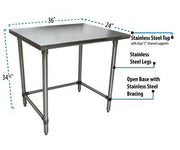 BK Resources 36" x 24" 18 Gauge Stainless Steel Work Table with Open Base – Prep Table - Donut-Equipment.com