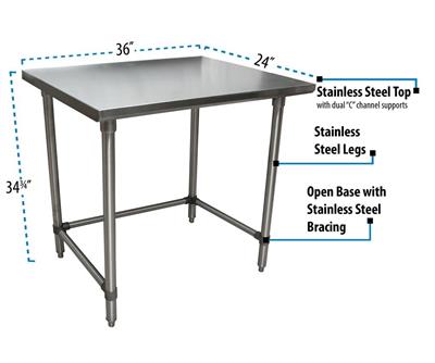 BK Resources 36" x 24" 18 Gauge Stainless Steel Work Table with Open Base – Prep Table - Donut-Equipment.com