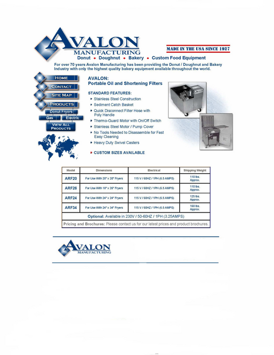 Avalon ARF24 E-115V -(Electric Fryer) Oil/Shortening Filter